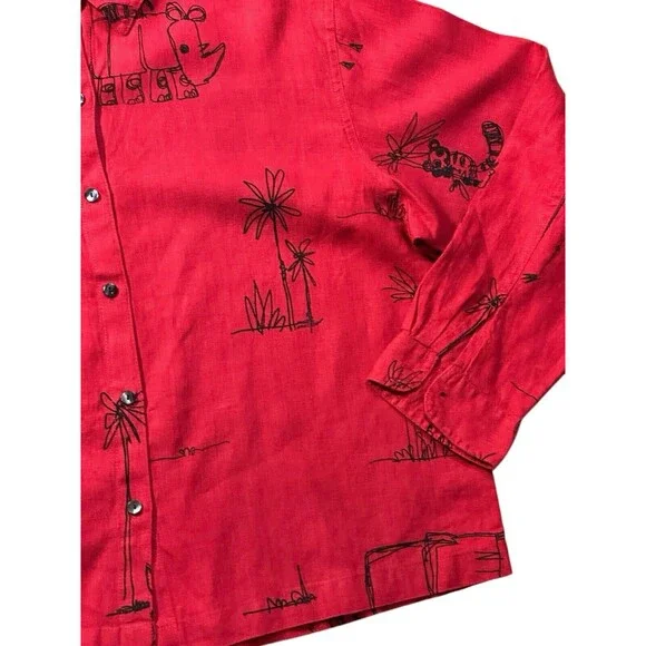 Chico’s red rhino elephant zebra shirt shacket long sleeve size 2 100% linen - Picture 6 of 15